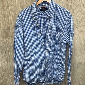 Tommy Hilfiger Blue and White Checkered Long Sleeve Shirt Large